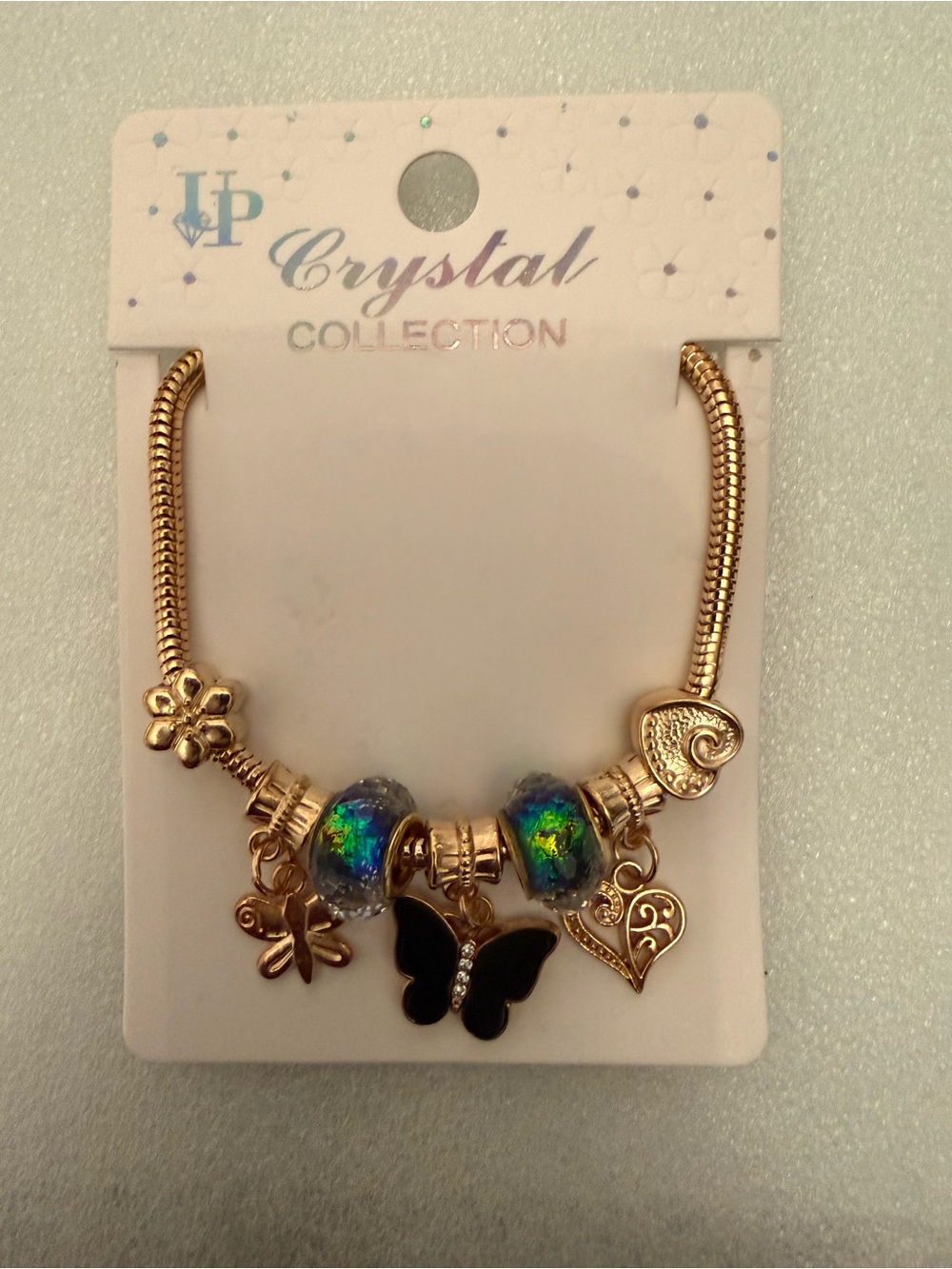 Gold-Tone Bracelet with Blue-Green Accent Beads & Butterfly Charm